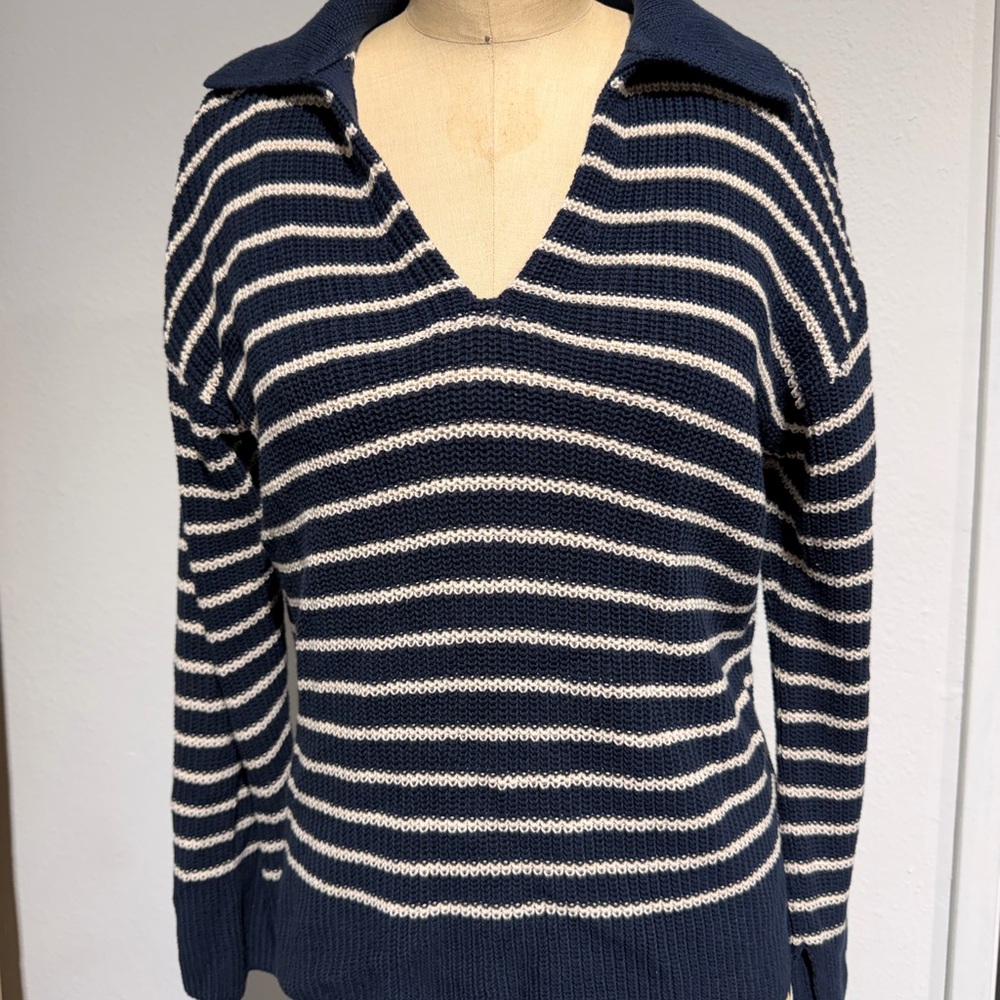J. Crew Blue Knit Women’s Cotton Sweater XS Navy Blue Sailor Collar Striped